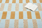 Checkered Hand-Tufted 100% Wool Area Rug - 5x8 Ft, Rectangular Light Blue Base with Mustard and Beige Blocks, Olive Green Scalloped Edge, Cotton Backing Plush Carpet for Bedroom & Nursery