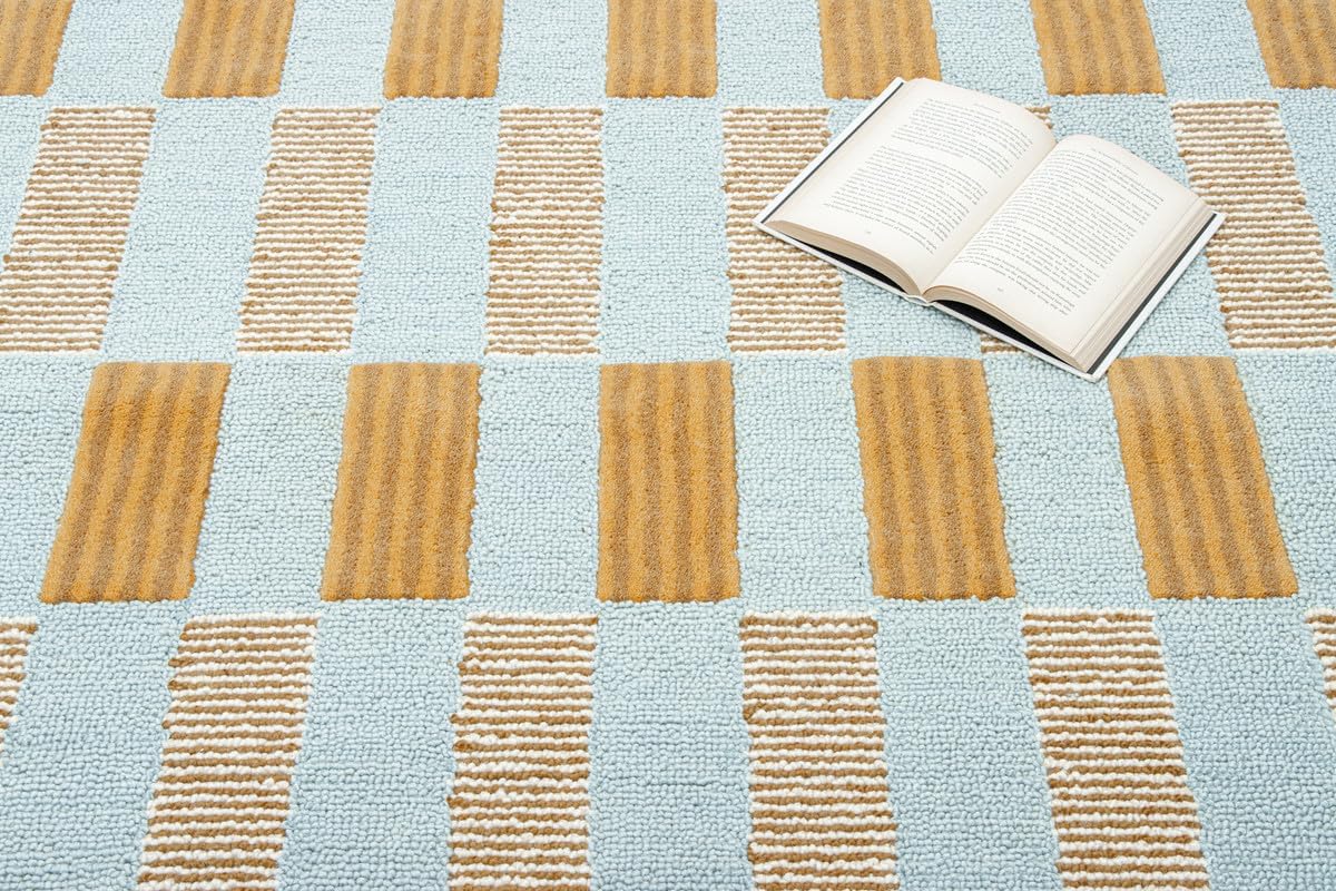 Checkered Hand-Tufted 100% Wool Area Rug - 5x8 Ft, Rectangular Light Blue Base with Mustard and Beige Blocks, Olive Green Scalloped Edge, Cotton Backing Plush Carpet for Bedroom & Nursery