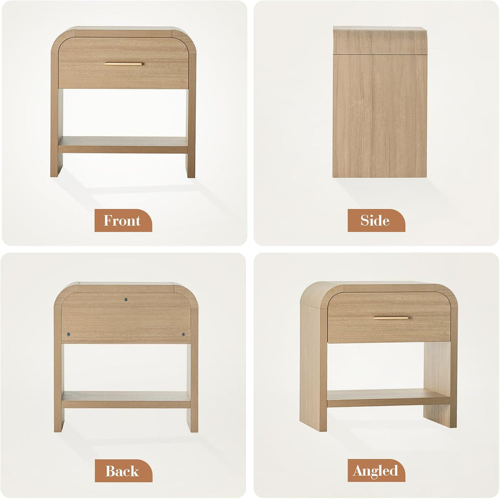 Night Stand Set of 2 Unique Curved Profile FSC-Certified Wooden Board 1-Drawer and 1 Storage Shelf Nightstand 24" H Metal Handle Modern Bedside Table Side Table End Table for Bedroom
