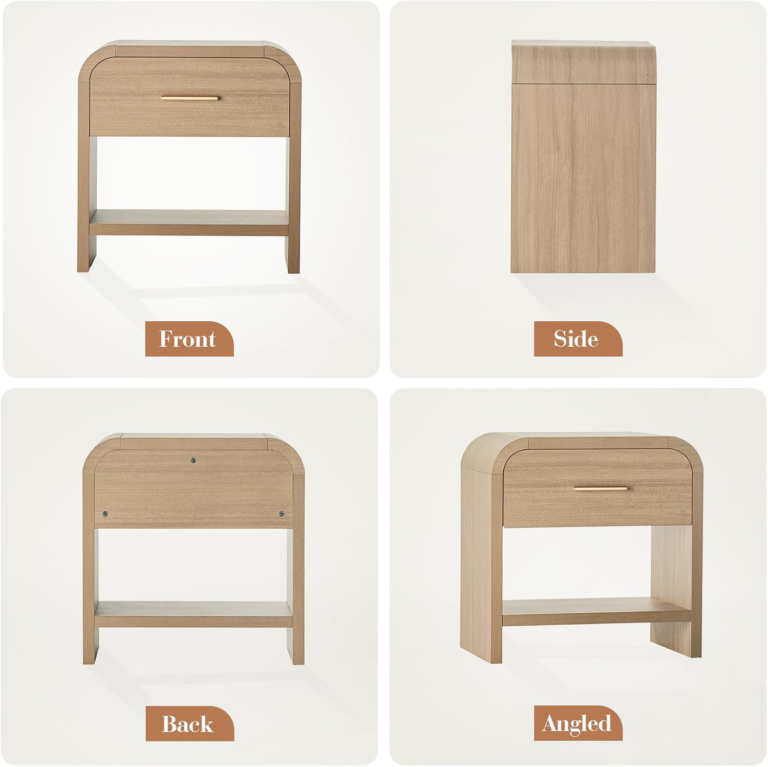 Night Stand Set of 2 Unique Curved Profile FSC-Certified Wooden Board 1-Drawer and 1 Storage Shelf Nightstand 24" H Metal Handle Modern Bedside Table Side Table End Table for Bedroom