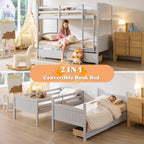 AMERLIFE Twin Over Twin Bunk Bed with Storage Drawers, Solid Rubberwood 2-in-1 Convertible Loft Beds with Ladders, Modern Detachable Bed Frame for Kids and Teens Bedroom, Grey