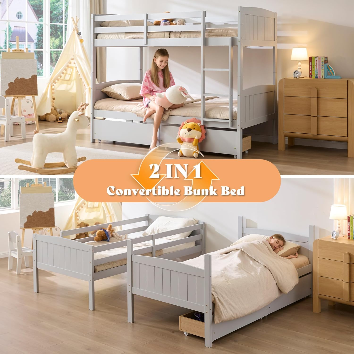 AMERLIFE Twin Over Twin Bunk Bed with Storage Drawers, Solid Rubberwood 2-in-1 Convertible Loft Beds with Ladders, Modern Detachable Bed Frame for Kids and Teens Bedroom, Grey