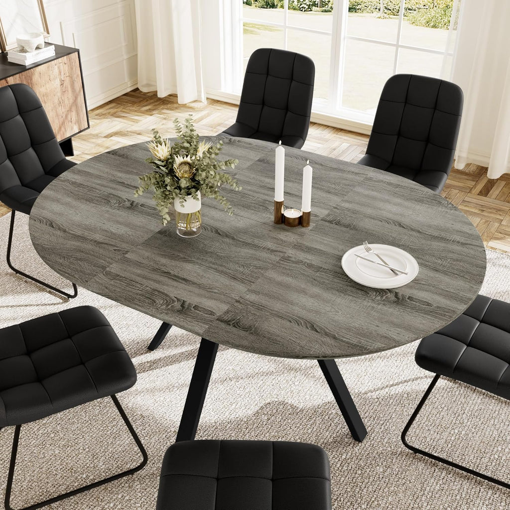 Extendable Round Dining Table Set for 6 People, 43.3"-59.1" Extendable Kitchen Table with 6 Upholstered Chairs, Space Saving for Kitchen Dining Room (Grey Table+6 U-Shaped Black Chairs)