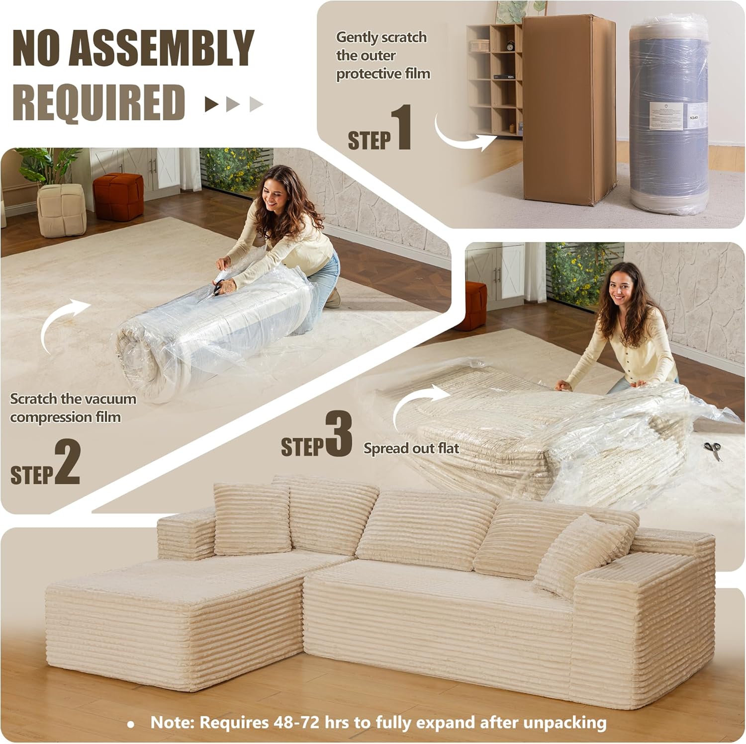 Bashaw 108" Cloud Sectional Couch Sofa with L-Shape Chaise, Modern Modular Sofa Couch Upholstered Couches for Living Room Bedroom, No Assembly Required (Beige, L Shape)