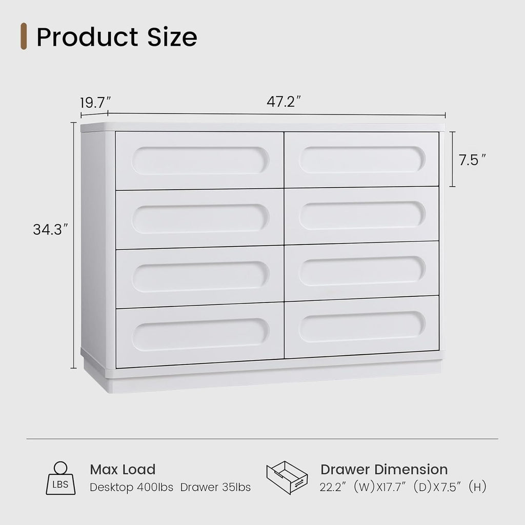 White Dresser for Bedroom with 8 Drawers, 47.2" Wide Dresser for Closet with Deep Drawer, Large Wood TV Stand, Modern Chest of Drawers for Bedroom, Hallway