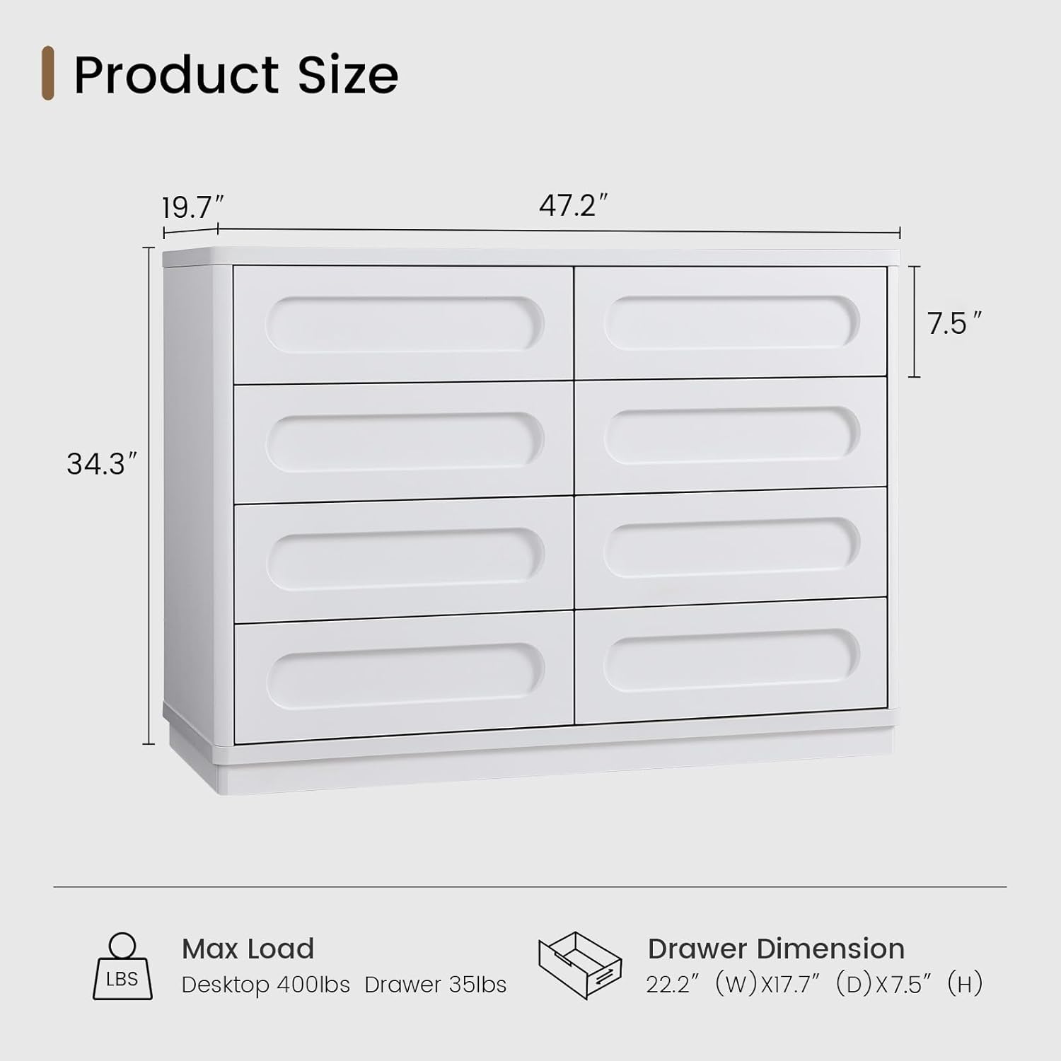 White Dresser for Bedroom with 8 Drawers, 47.2" Wide Dresser for Closet with Deep Drawer, Large Wood TV Stand, Modern Chest of Drawers for Bedroom, Hallway