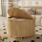Easyego Fluted Round Coffee Table with Hidden Storage, 31.5" Mid-Century Modern Wood Drum Table for Living Room, Small Space Apartment Furniture, Natural