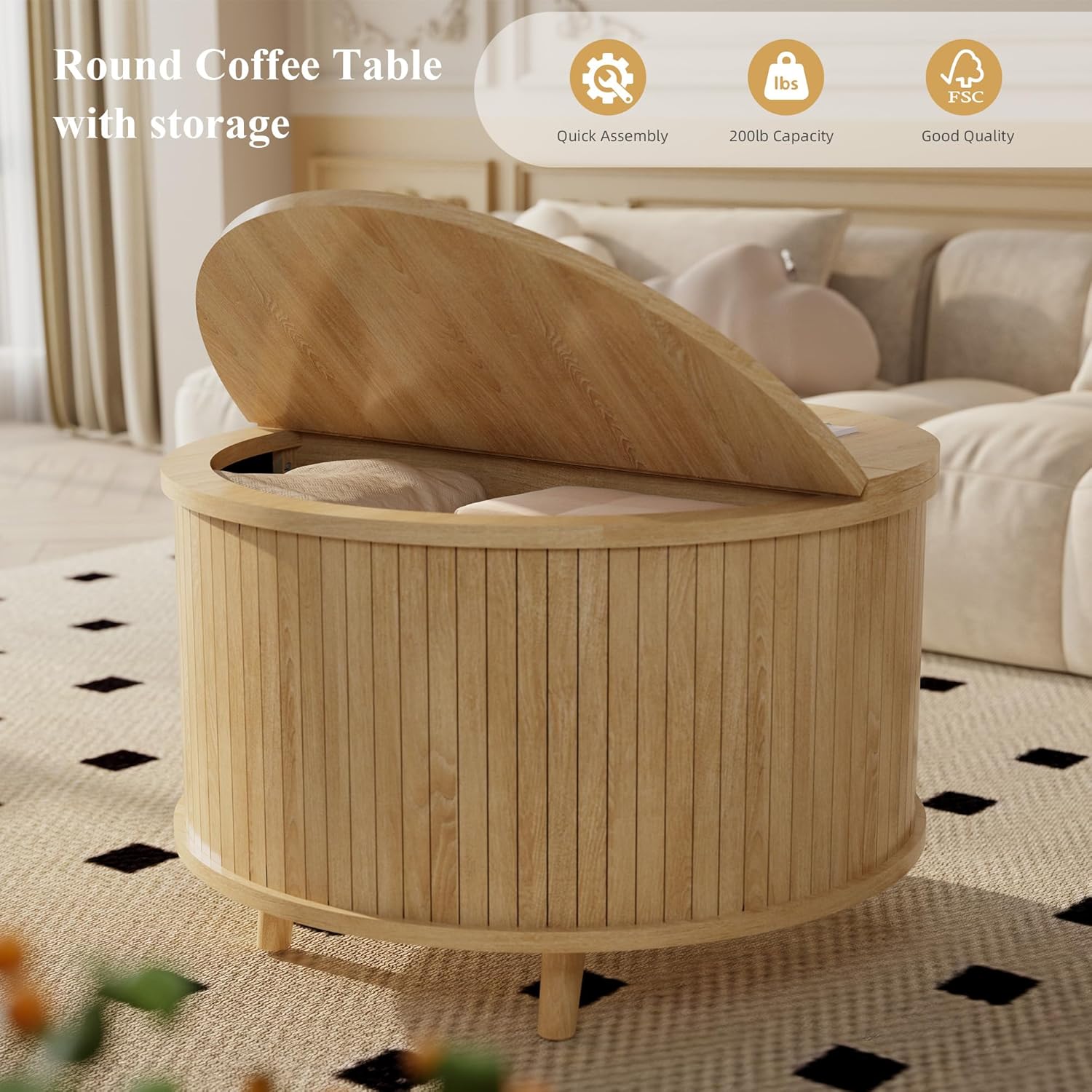Easyego Fluted Round Coffee Table with Hidden Storage, 31.5" Mid-Century Modern Wood Drum Table for Living Room, Small Space Apartment Furniture, Natural