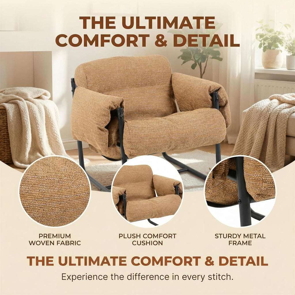 Kinfant Mid Century Modern Accent Chair, Chunky Upholstered Armchair with Metal Frame, Oversized Lounge Chair for Living Room Bedroom Small Spaces, Textured Chenille Fabric, Caramel Brown