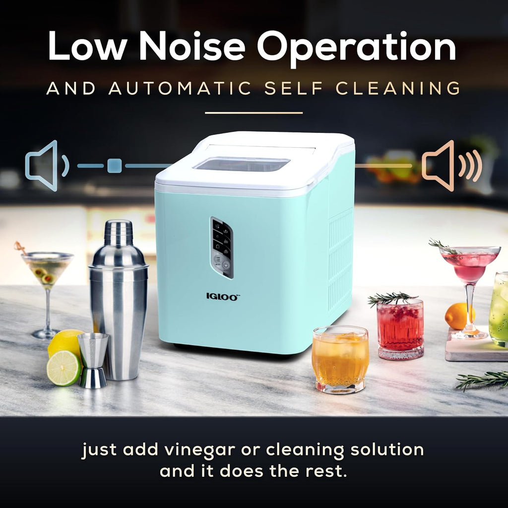 Igloo Automatic Ice Maker, Self-Cleaning, Countertop Size, 26 lbs in 24 Hours, 9 Large or Small Ice Cubes in 7 Minutes, LED Control Panel, Scoop Included, Great for Water Bottles, Mixed Drinks, Aqua