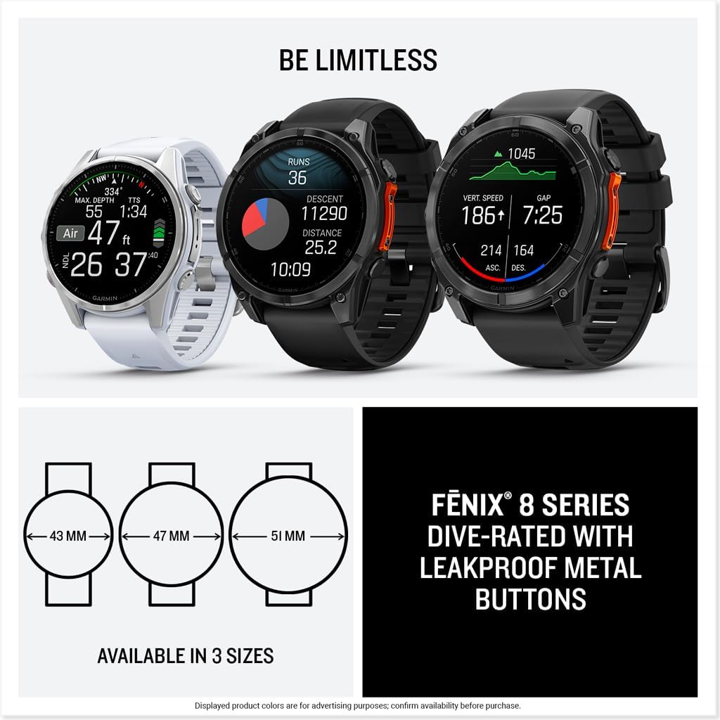 Garmin fēnix® 8 – 51 mm  AMOLED  Sapphire  Premium Multisport GPS Smartwatch  Long-Lasting Battery Life  Dive-Rated  Built-in LED Flashlight  Carbon Gray DLC Titanium with Pebble Gray Band