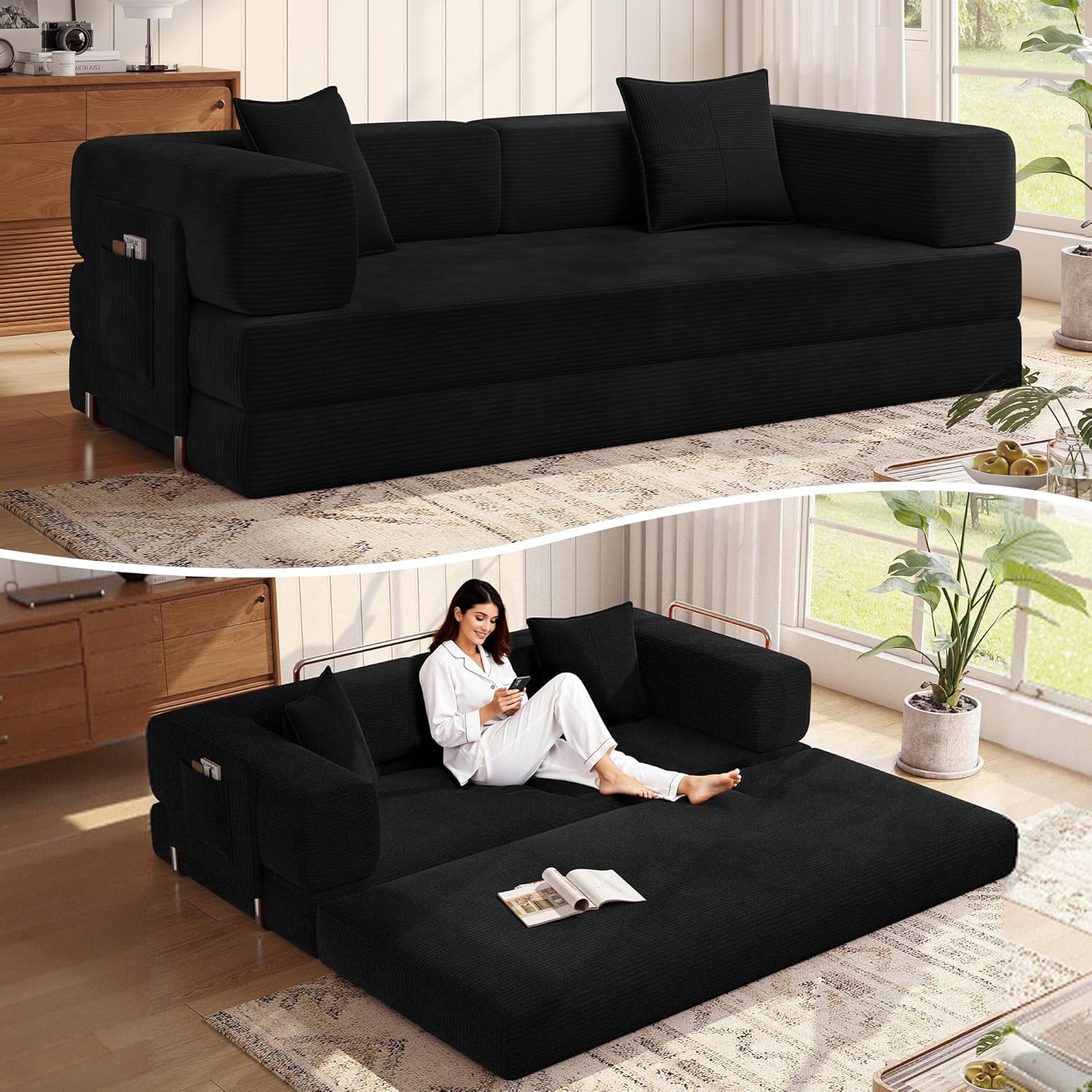 MoonSpeak 78.8''Sleeper Couch Bed for Livingroom .Convertible Modular Sofa with Armrest Pillow .Modular Fldable Corduroy Couches in a Box,No Assembly (Black)