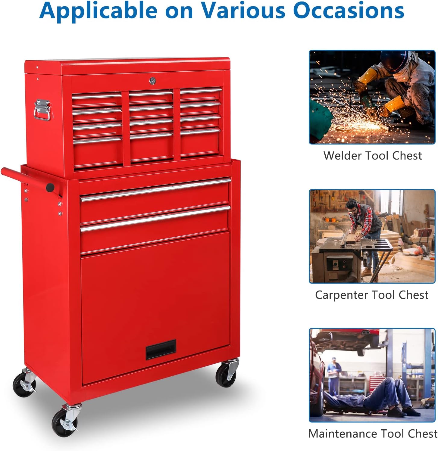 TUFFIOM 8-Drawer Rolling Tool Chest, Wheeled Tool Storage Cabinet w/Detachable Top, Drawers & Side Hooks, Mechanic Tool Organizer Box for Garage Warehouse Repair Shop