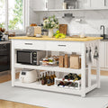 47.3" Solid Rubberwood Kitchen Island with Power Outlets - Extra Large Work Surface, 2 Drawers & Open Shelves Storage Cabinet for Kitchen Dining Room, Farmhouse Style (White)