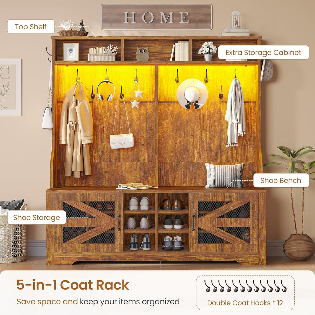 Itaar Hall Tree with Bench and Shoe Storage, 5-in-1 Entryway Bench with Coat Rack, 16 Shoe Cubbies & 12 Coat Hooks, Barn Door & Adjustable Shelf (Rustic Brown)