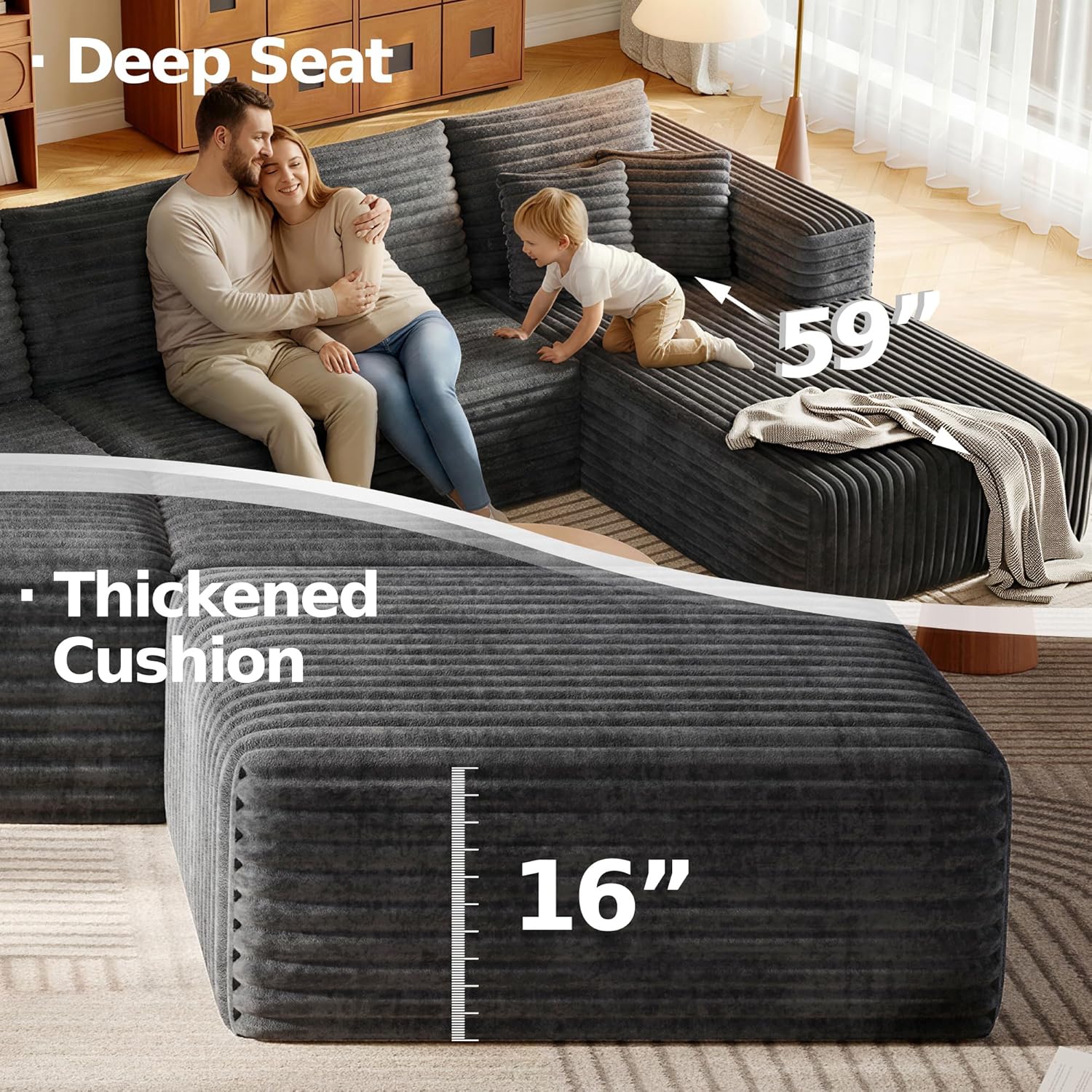 134.6" Modular Sectional Sofa with Deep Seat, Boneless U Shaped Corduroy Couch Modern Comfort, Cloud Couch Oversized for Living Room No Assembly (Gray)