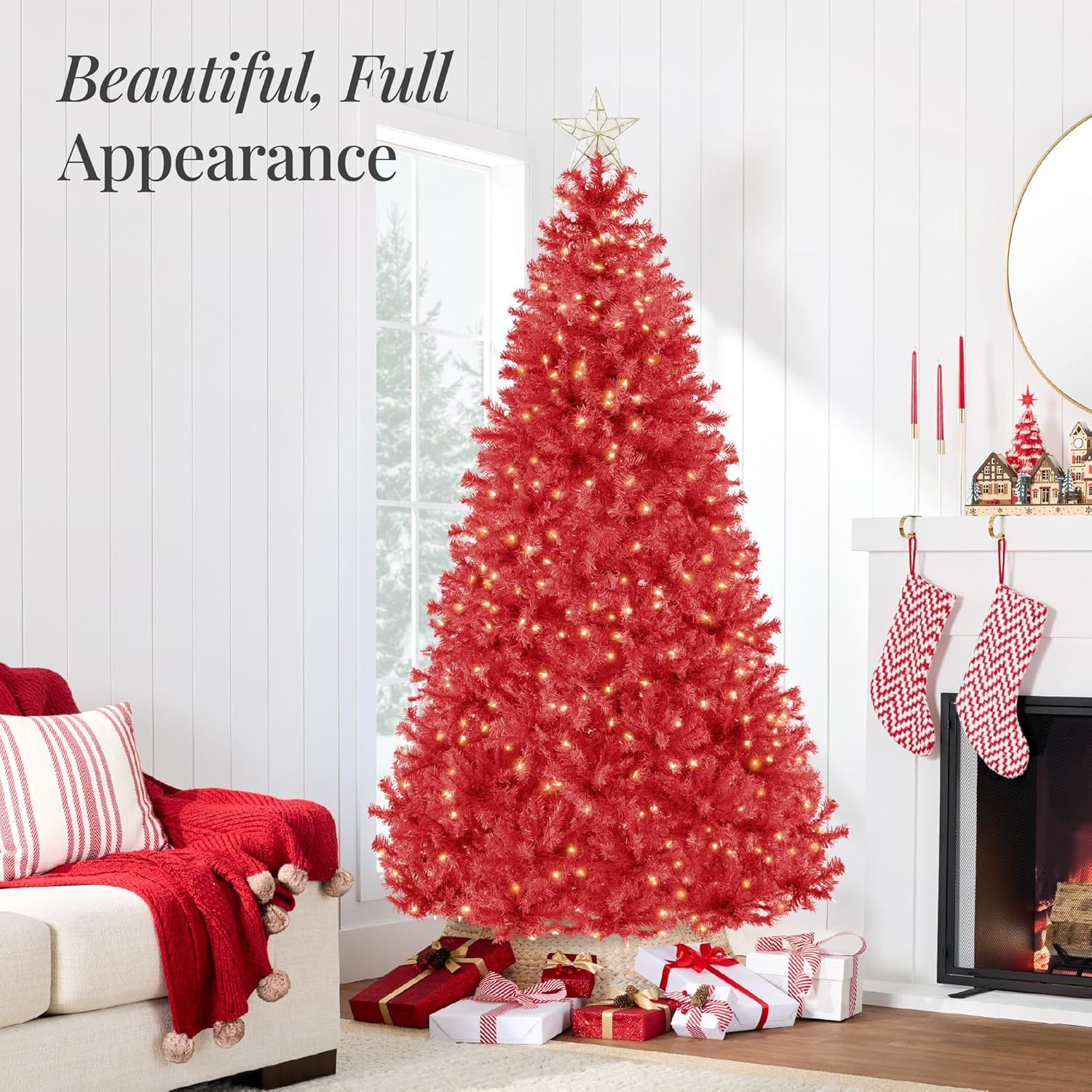 Best Choice Products 7.5ft Pre-Lit Red Christmas Tree, Full Artificial Holiday Decoration w/ 1,350 Branch Tips, 550 Lights, Foldable Base