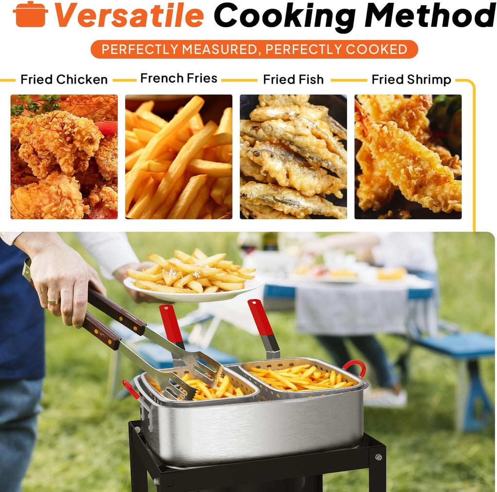 18QT Propane Deep Fryer | Outdoor Fish Fryer with 2 Baskets,Tong, Cover,Lid & Thermometer | Aluminum Deep Fryer with 55,000 BTU Propane Burner - Ideal for Fish, Chicken Wings & Outdoor Gatherings