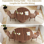 43"-59" Extendable Round to Oval Dining Table with Hidden Storage, Modern Wooden Kitchen Table with Fluted Sliding Door Cabinet, Expandable Dinner Table for Dining Room Living Room (Walnut)