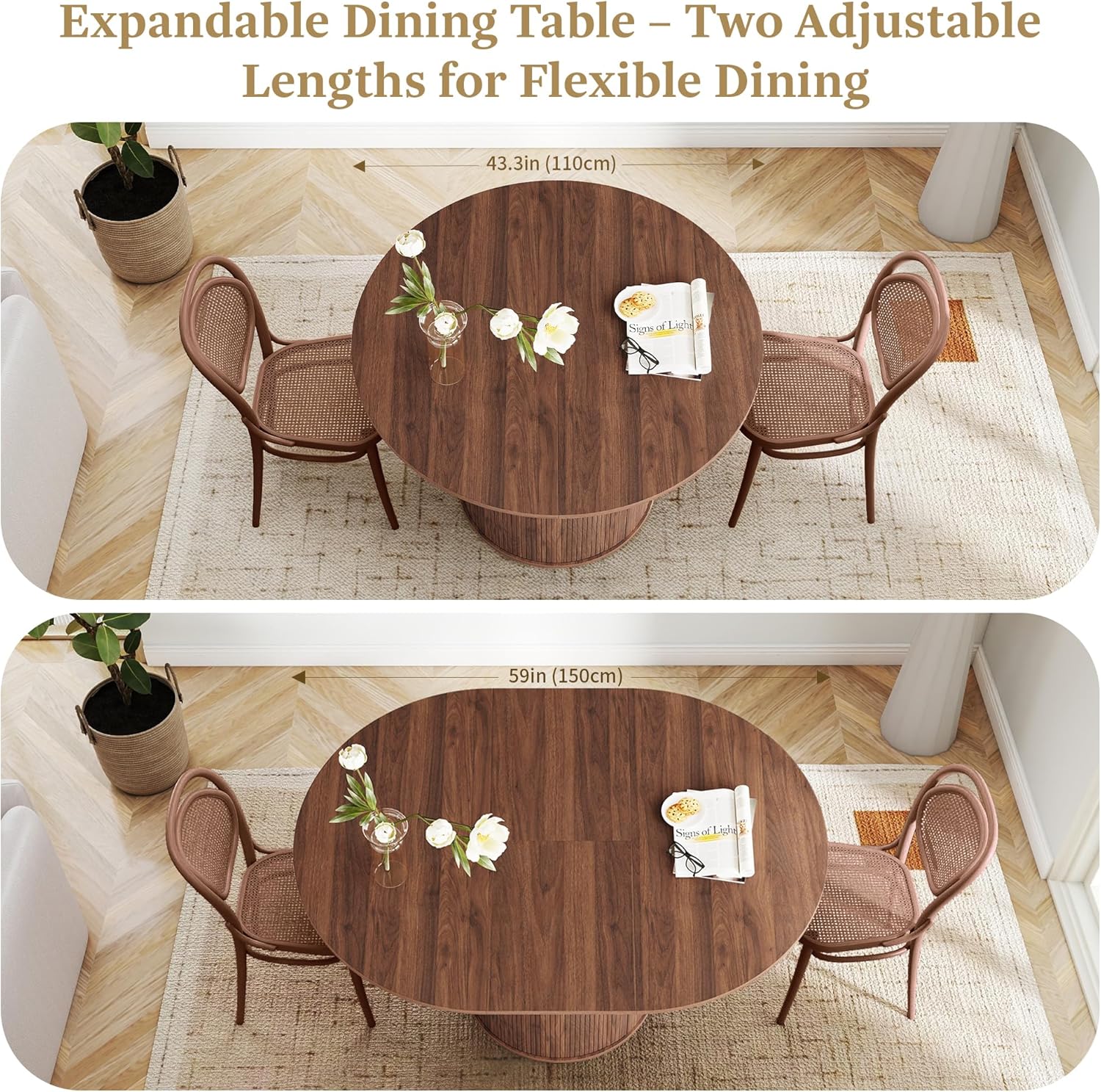 43"-59" Extendable Round to Oval Dining Table with Hidden Storage, Modern Wooden Kitchen Table with Fluted Sliding Door Cabinet, Expandable Dinner Table for Dining Room Living Room (Walnut)