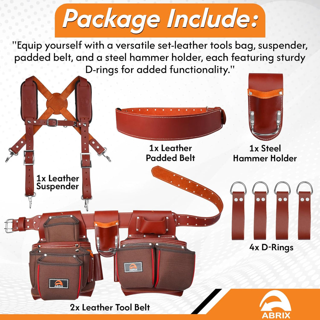 ABRIX Heavy Duty Nylon & Leather Tool Belt for Men Framing Rig Carpenter Tool Belt with Suspender Padded construction belt pauchas construccion (Extra Large, Tool Belt) (Dark Brown, with Suspender)
