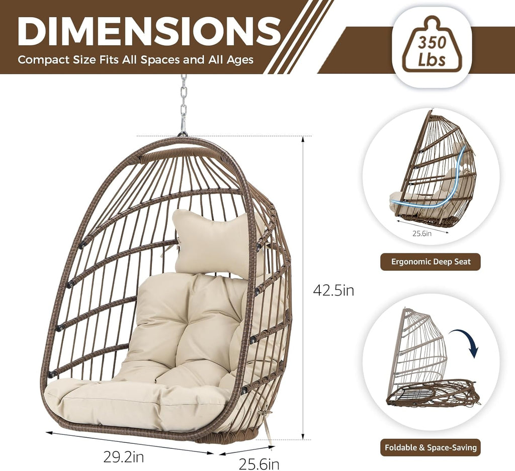 Nicesoul Outdoor Hanging Egg Chair Without Stand, Patio Wicker Swing Egg Basket Chairs with Padded Cushions, 350 Lbs Ceiling Tree Swinging Egg-Shaped Chair No Stand for Indoor Bedroom Porch, Brown