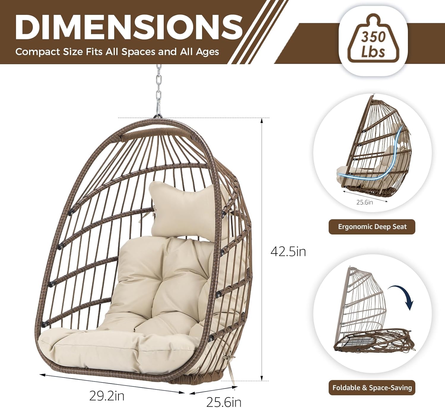 NICESOUL Egg Chair Without Stand Outdoor Indoor, Patio Wicker Swing Hanging Egg Basket Chairs No Stand, All Weather 350lbs Capacity Tree/Ceiling Chair for Outside Balcony Bedroom Xmas Gift, Brown
