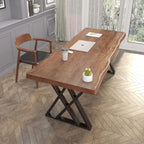 Solid Wood Computer Desk Study Office Desk 55" Writing Desk, Modern Simple Style PC Table, Black Metal Frame, Solid Wood Planks 55" D x 27" W x 29" H for Home Office Bedroom,Rustic Brown