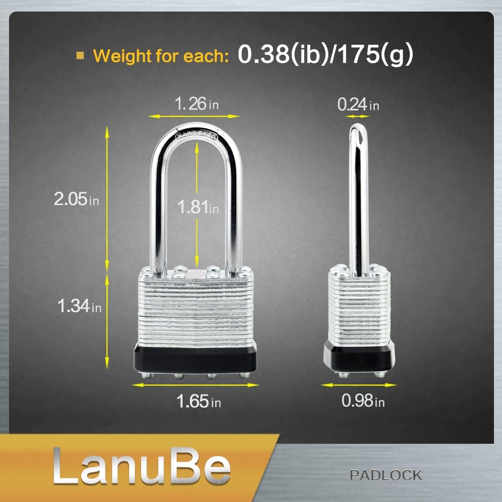 LanuBe Lock Laminated keyed Padlock (1-9/16"  40mm)  keyed Alike Locks  Long Shackle Marked Black Plastic Hoop  Pack of 100