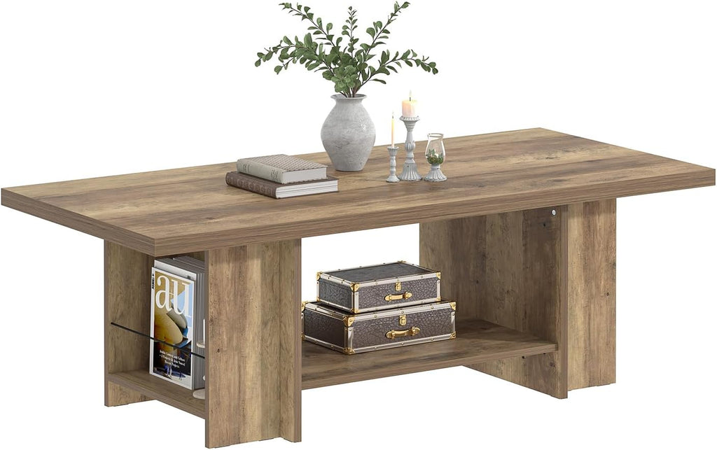 FOLUBAN Wood Coffee Table, Modern Center Table for Living Room with Bottom Storage Shelf & Side Shelves, 2-Tier Rectangle Cocktail Tea Table for Home Decor, 47 Inch, Rustic Oak