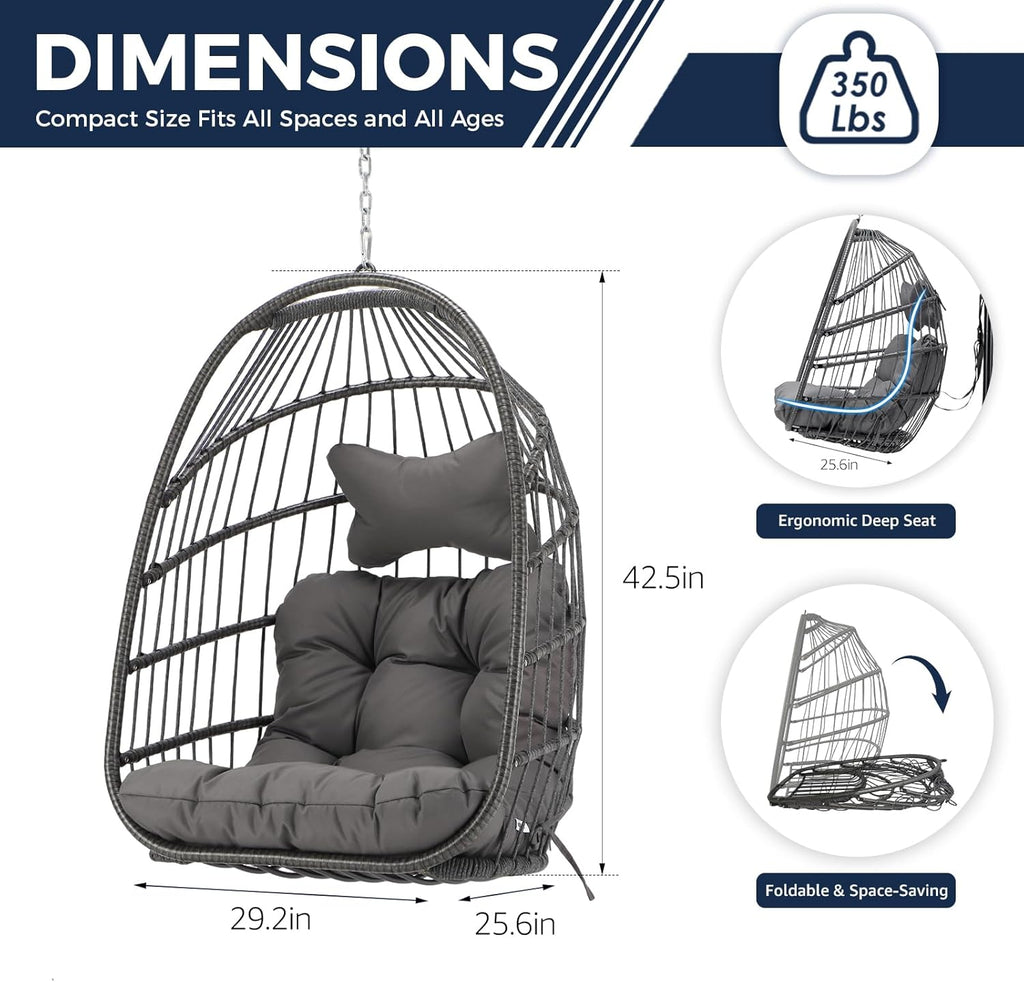 NICESOUL Egg Chair No Stand Outdoor Indoor, 350lbs Capacity Sturdy Patio Wicker Swing Hanging Chair, Hammock Egg Ceiling/Tree Chairs with Cushions for Bedroom Porch Deck Balcony, Gray Without Stand