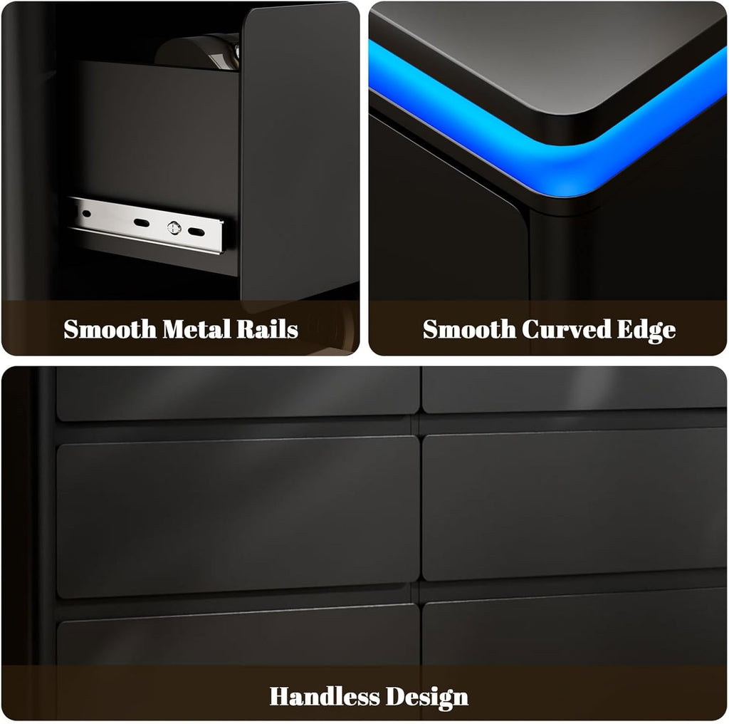 6 Drawer Dresser for Bedroom, 47.2" Long Black Chest of Drawers with Charging Station & LED Lights,Curved Profile Design,Double Wooden Closet Storage Cabinet,Modern Dresser TV Stand with Deep Drawers