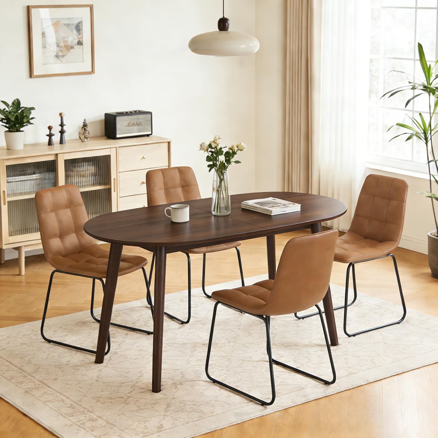 63" Oval Dining Table Set for 4, 5 Piece Modern Dining Table Set for Kitchen and Dining Room, Solid Wood Legs Dining Table with 4 Checkered PU Leather Dining Chairs（Walnut Table+4 Brown Chairs)