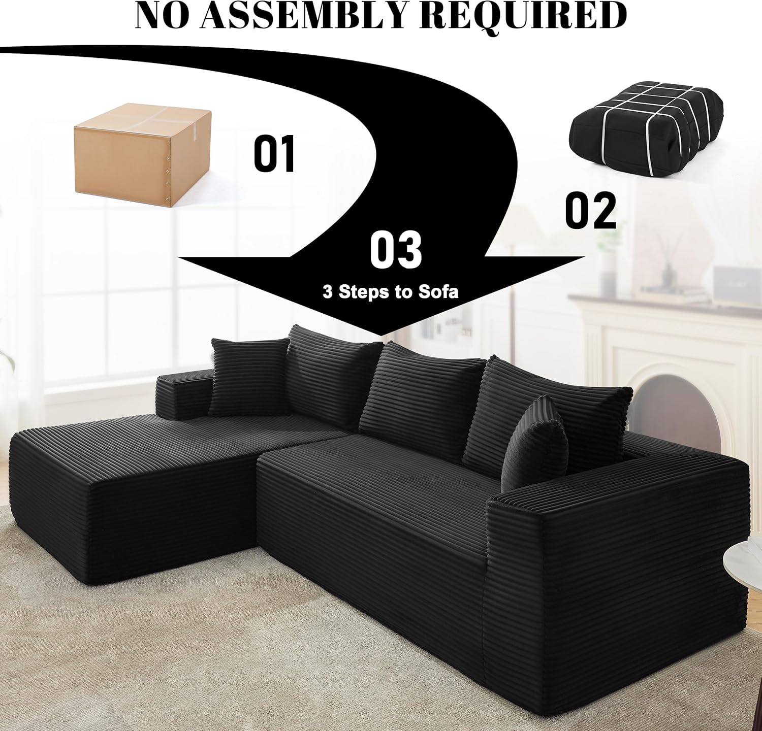 110” Cloud Sectional Couch, Boneless Sofa for Living Room, Modular Sectional Sofa with Deep Seat, Comfy Fluffy Couch with L-Shaped Chaise, No Assembly Required (Left-Facing Chaise, Black)