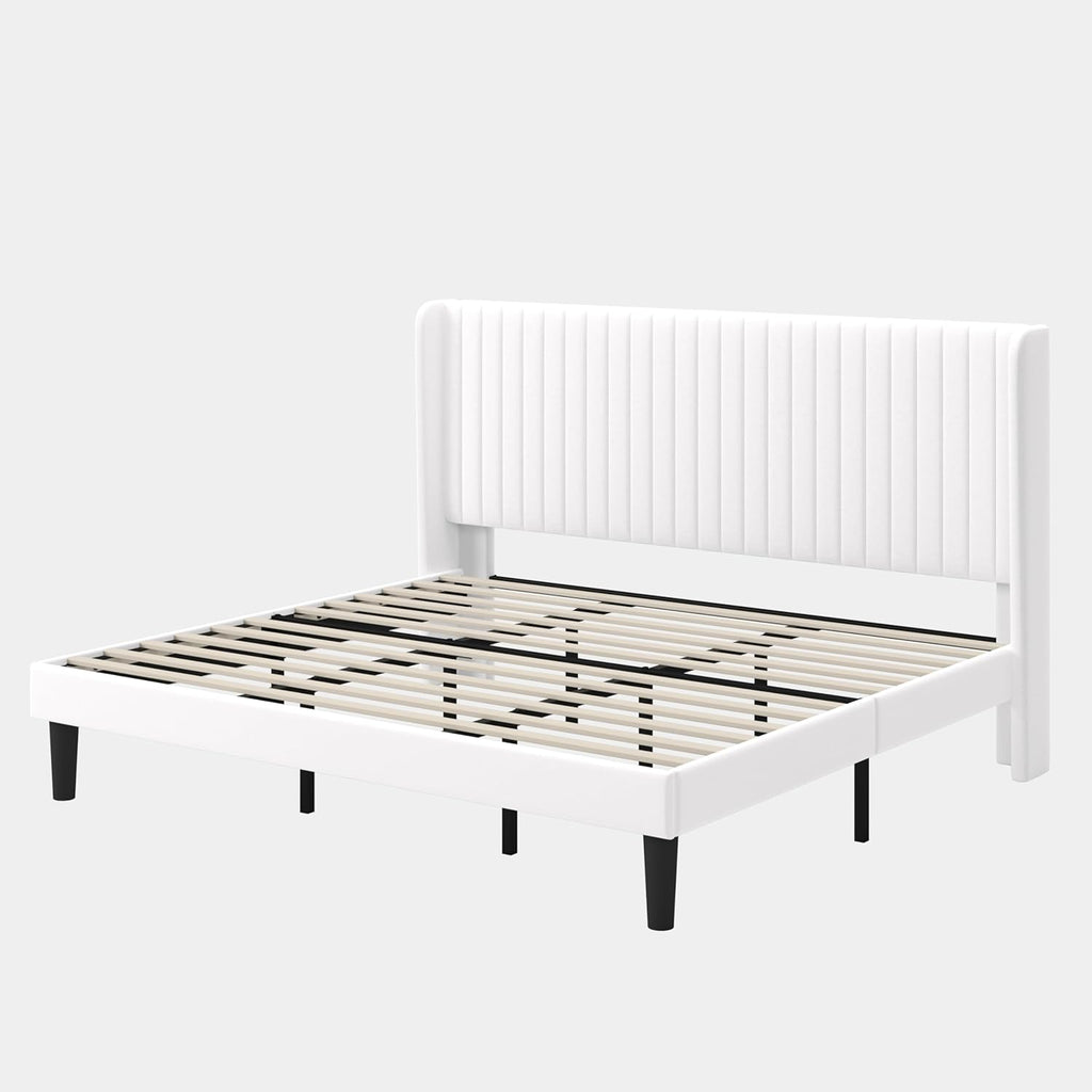 GOLDORO King Size Platform Bed Frame, Velvet Upholstered, Vertical Channel Tufted Wingback Headboard, Wooden Slats Support, No Box Spring Needed, Easy Assembly, White