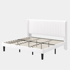 GOLDORO King Size Platform Bed Frame, Velvet Upholstered, Vertical Channel Tufted Wingback Headboard, Wooden Slats Support, No Box Spring Needed, Easy Assembly, White