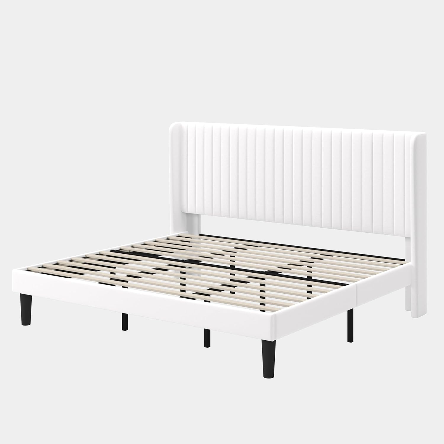 GOLDORO King Size Platform Bed Frame, Velvet Upholstered, Vertical Channel Tufted Wingback Headboard, Wooden Slats Support, No Box Spring Needed, Easy Assembly, White