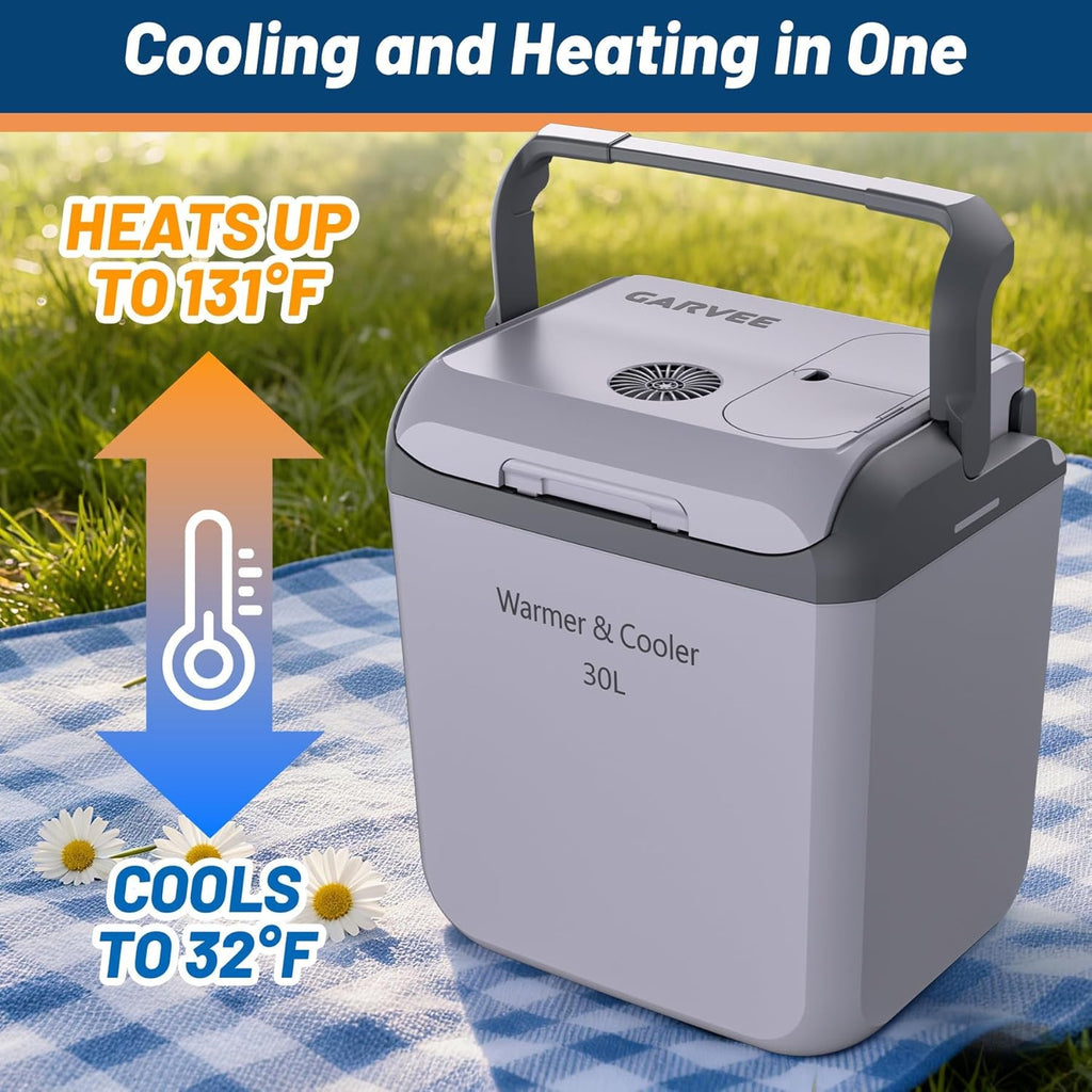 32 QT (30 L) Electric Cooler & Warmer, Portable Thermoelectric 12V/110V Refrigerator with Handle, Plug In Coolers, Car fridge for Vehicle, Truck, Travel, Camping, Light Gray