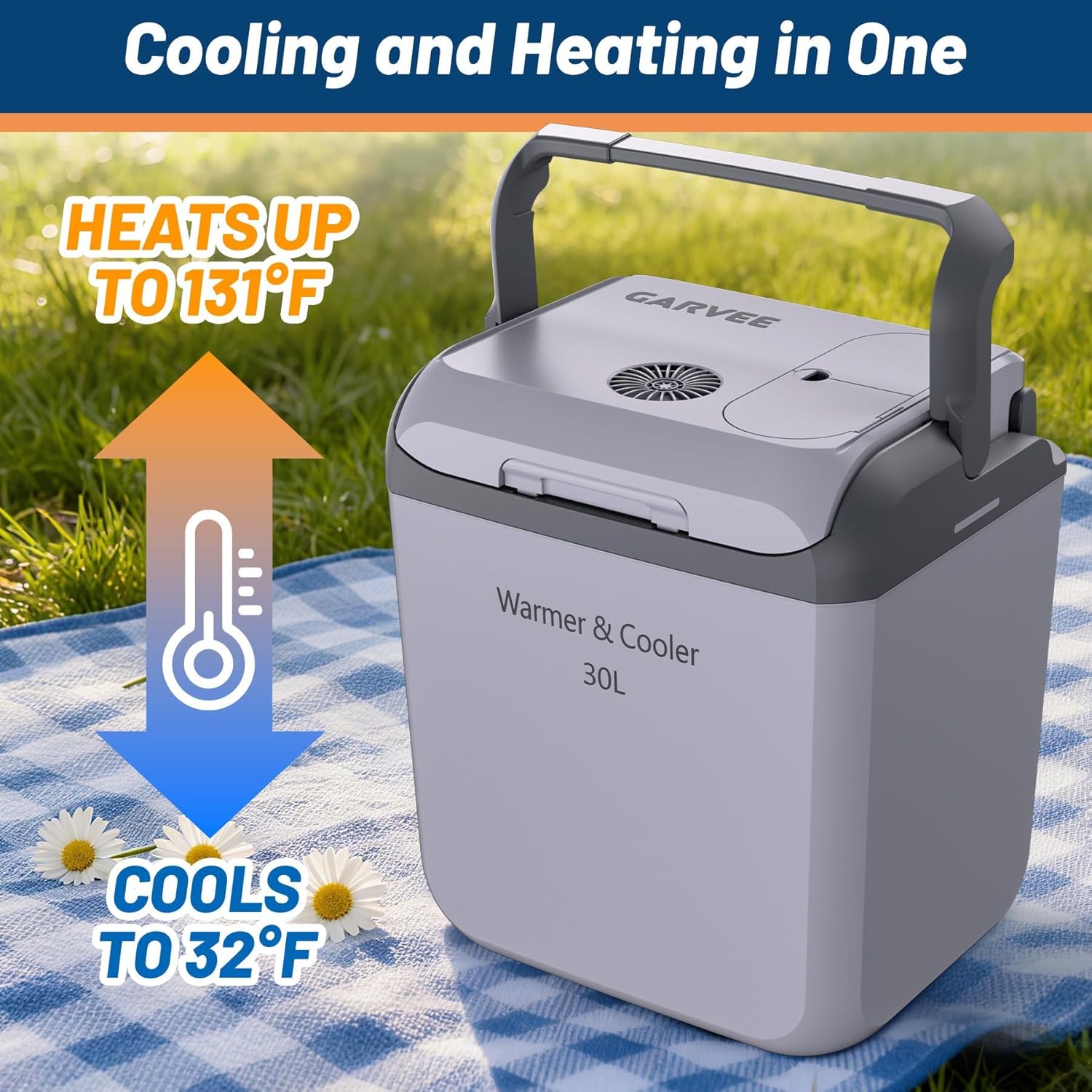 Portable Electric Car Cooler & Warmer 30L – Thermoelectric 12V/110V Refrigerator with Handle – Dual Power Plug-in Fridge for Vehicle, Truck, Camping, Travel – Light Gray, 30L