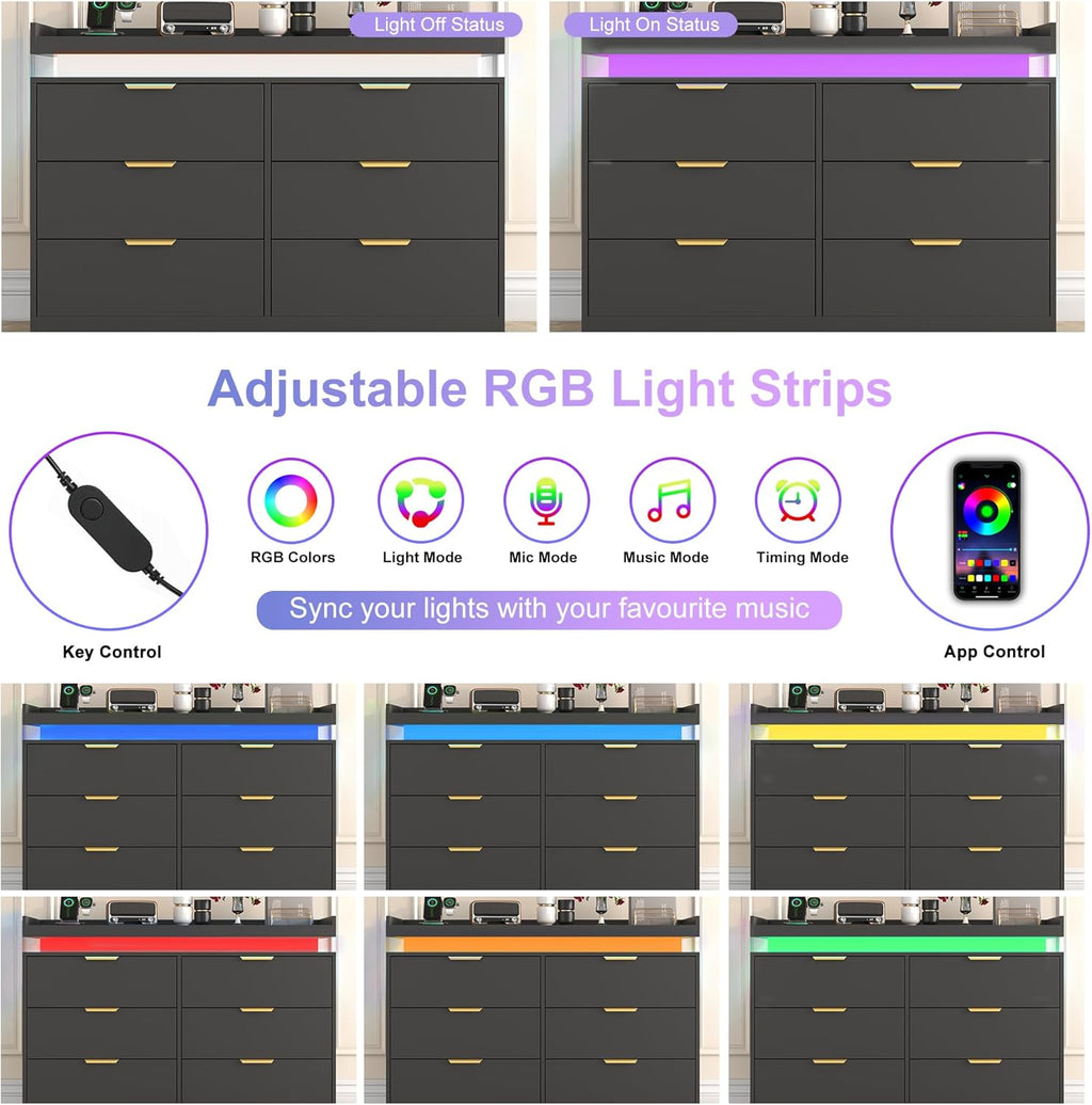 6 Drawer Dresser for Bedroom, Black Dresser with LED Lights and Power Outlet, Wooden Dressers Chests of Drawers, Double Wide Dressers for Bedroom, Entryway, Hallway