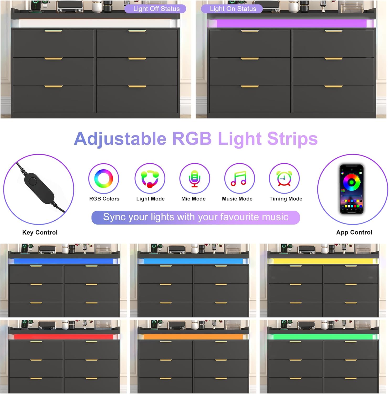 6 Drawer Dresser for Bedroom, Black Dresser with LED Lights and Power Outlet, Wooden Dressers Chests of Drawers, Double Wide Dressers for Bedroom, Entryway, Hallway