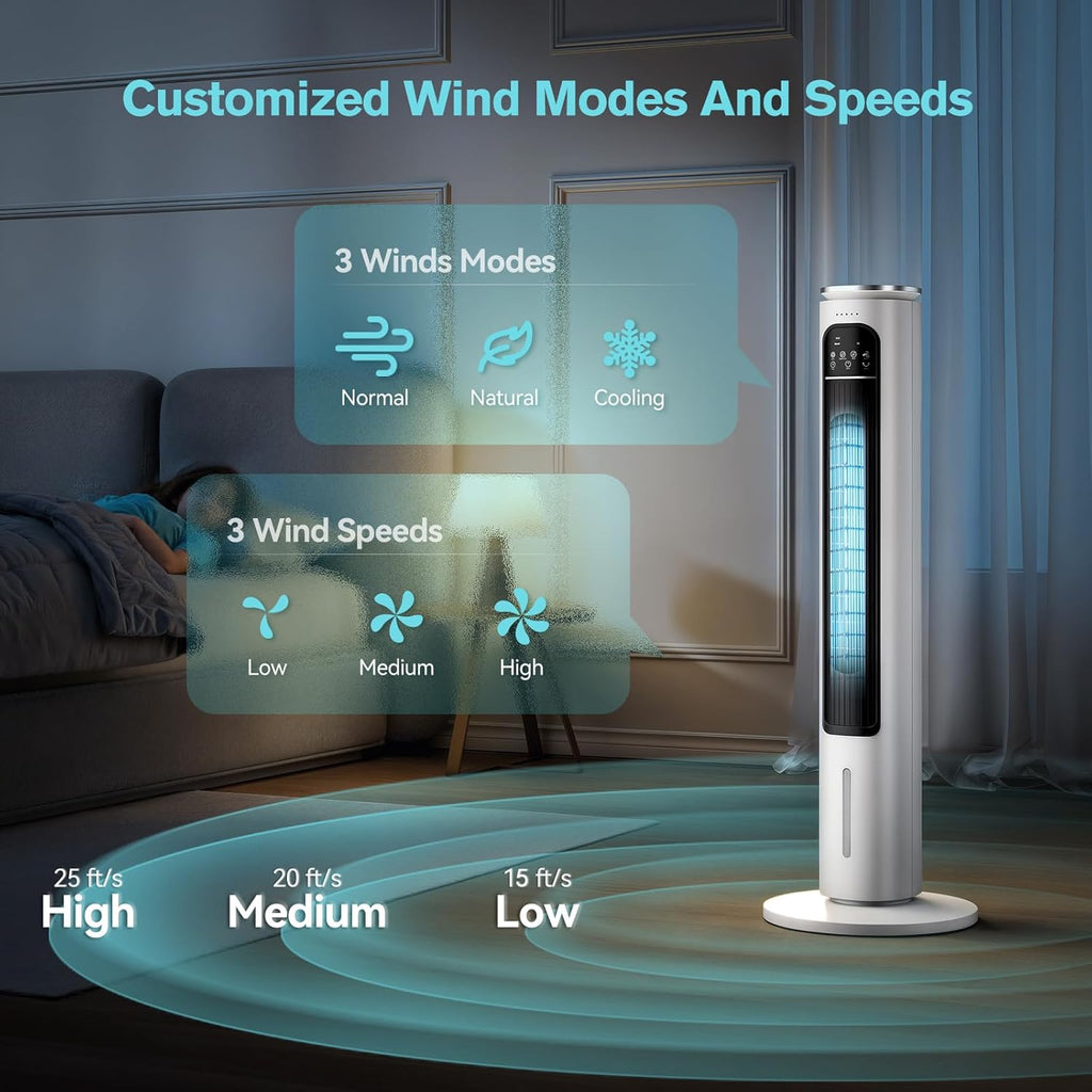 Windowless Portable Air Conditioners, 37.7’’ Evaporative Air Cooler w/Remote, Cooling Tower Fan, 2.5L Water Tank & Ice Packs, 12H Auto-off, 70° Oscillating, Ultra-Quiet Standing Fan For HomeOffice