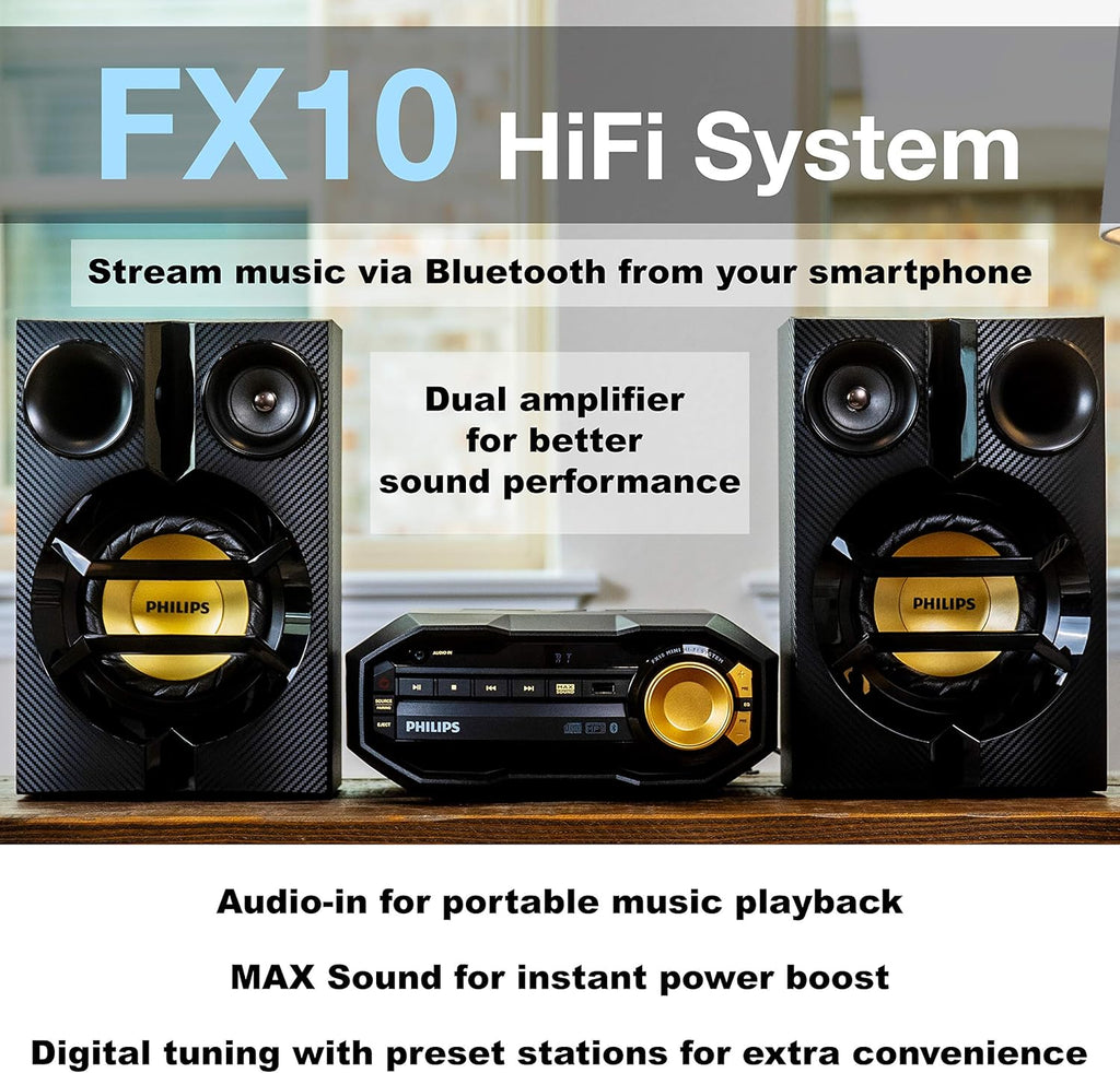 PHILIPS FX10 Bluetooth Stereo System for Home with CD Player   MP3  USB  FM Radio  Bass Reflex Speaker  230 W  Remote Control Included