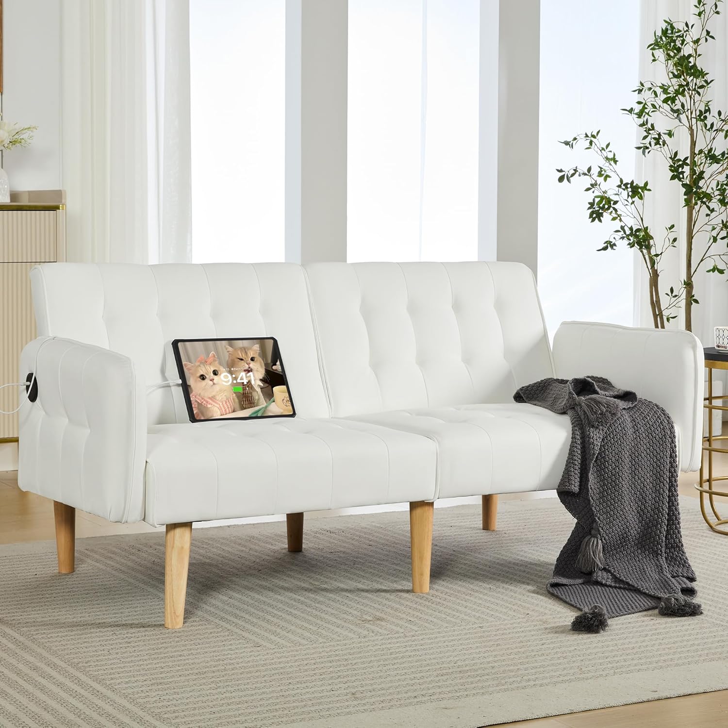 TYBOATLE Modern White Faux Leather Upholstered Convertible USB Folding Futon Sofa Bed, 65" Couch, Love Seats Furniture for Small Space Configuration, Apartment, Dorm, Living Room, Office
