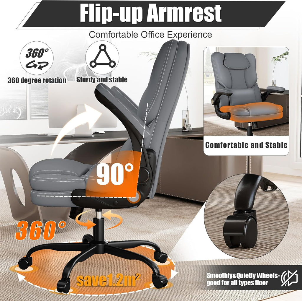 Ergonomic Office Chair with Flip-up Armrests 300lbs,Middle-Tall Computer Office Desk Chair with Lumbar Support,Executive PU Leather Chair with Rocking Function Adjustable Height for Home Office