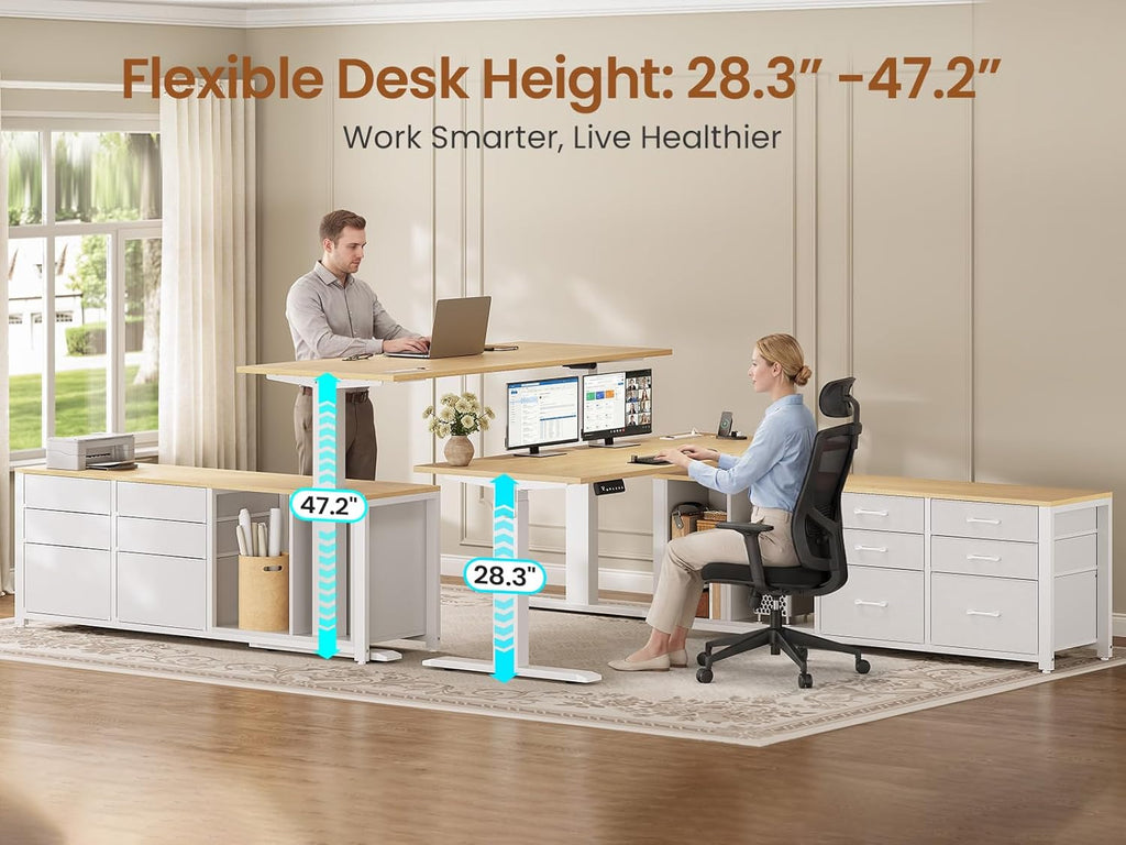 SEDETA L Shaped Electric Standing Desk, 55" x 55" Height Adjustable Office Executive Desk with 6 Fabric Drawers and Storage Shelves, Sit Stand Computer Desk with Power Outlet for Home Office (Oak)