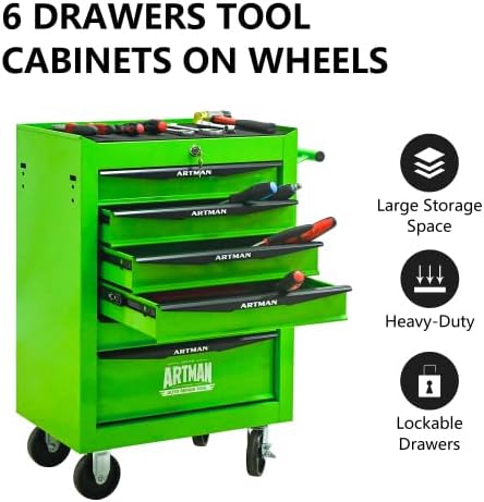 Iron-Top Rolling Tool Chest with Lockable Wheels and Side Handles, 7-Drawer Tool Storage Cabinet with Ball Bearing for Garage, Repair Shop, Required Assembly, Large Storage Capacity (Iron, 6-Green)