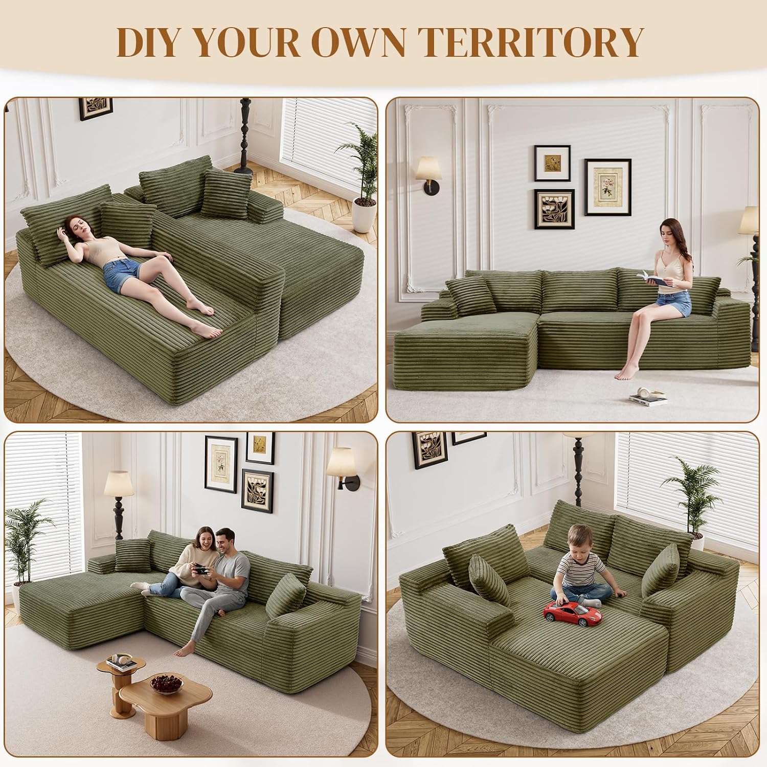 95" Boneless Cloud Sectional Couches for Living Room, Comfy Fluffy L Shaped Memory Foam Deep Seat Boneless Couch, Modular Sectional Sofa with Left Facing Chaise, Olive Green
