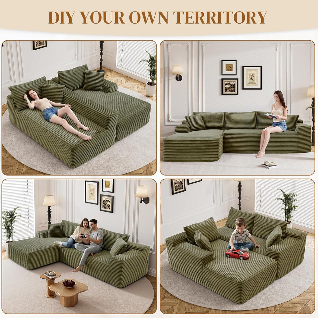 95" Boneless Cloud Sectional Couches for Living Room, Comfy Fluffy L Shaped Memory Foam Deep Seat Boneless Couch, Modular Sectional Sofa with Left Facing Chaise, Olive Green