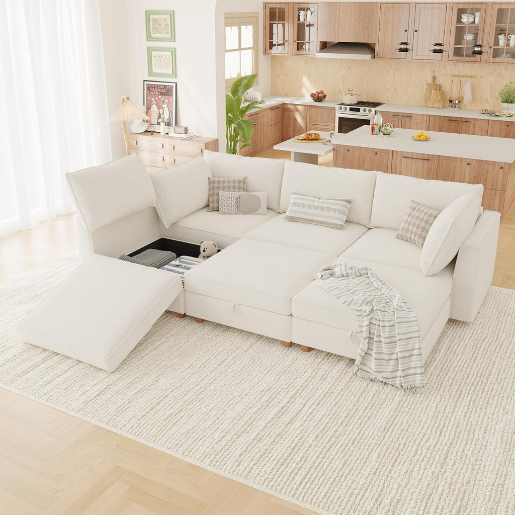 99" Chenille Modular Sectional Sofa Bed Hidden Storage, Convertible L U Shaped Sleeper Couch, 6 Seat Modern Modular Sectional Sofa with Washable Covers & Ottoman Chaise, for Living Room, Beige